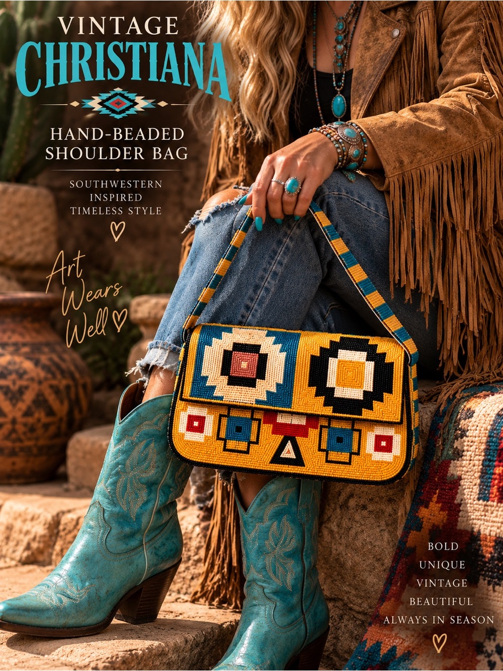 Christina Yellow & Turquoise Beaded Southwestern Shoulder Bag
